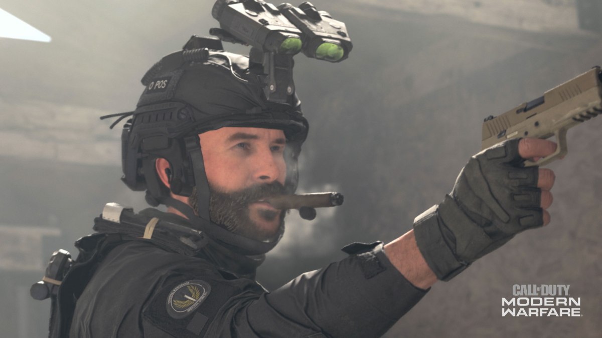 CoD's Captain Price holding a pistol.