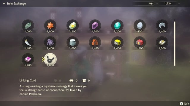 This screenshot shows readers the list of items, including the Linking Cord, and their Merit Point prices in Legends: Arceus.