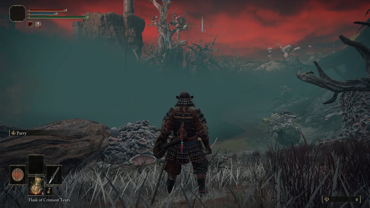 This screenshot from Elden Ring shows readers a man standing in front of a foggy horizon.