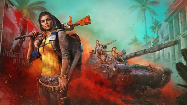 Rebels prepare to battle in Far Cry next to a tank.