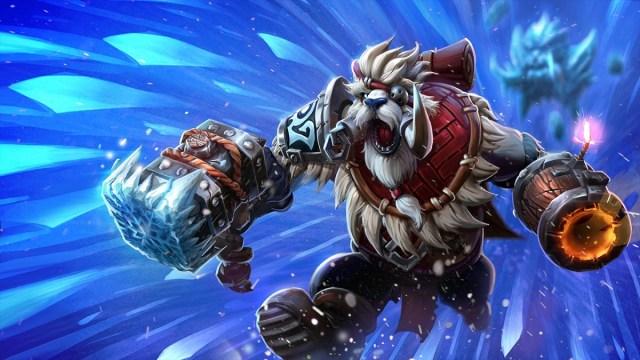 Tusk from Dota 2 charges into battle as ice shards fly around him in Dota 2.