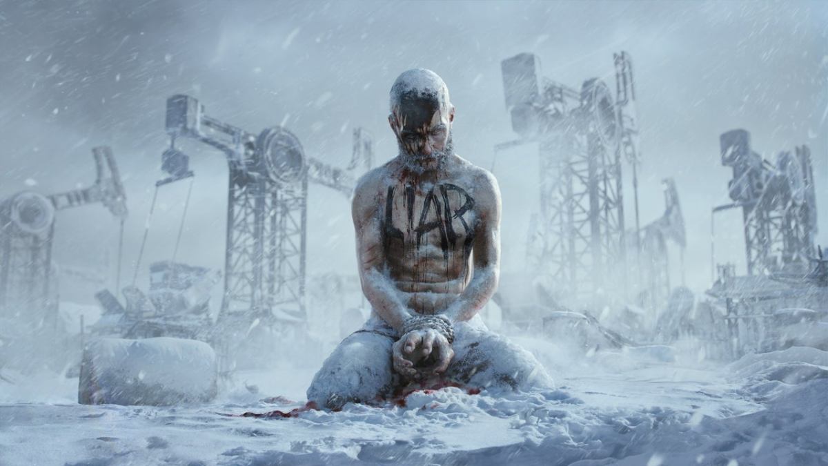 A man on his knees in a frosty environment with LIAR painted on his chest