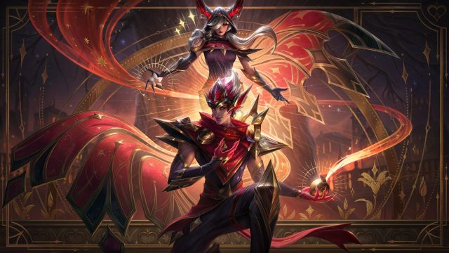 Rakan kneeling in front of Xayah.