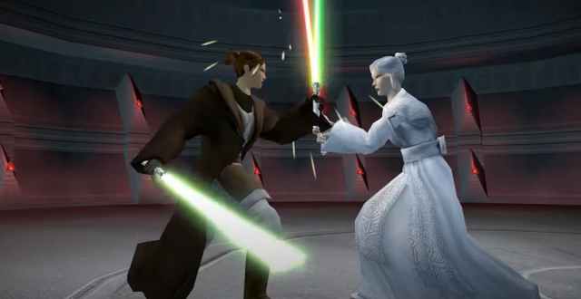 Two Jedi fighting with lightsabers