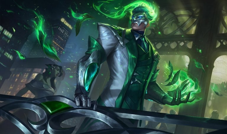 The splash art for Debonair Brand, making him appear more human in form with green flames circling him.