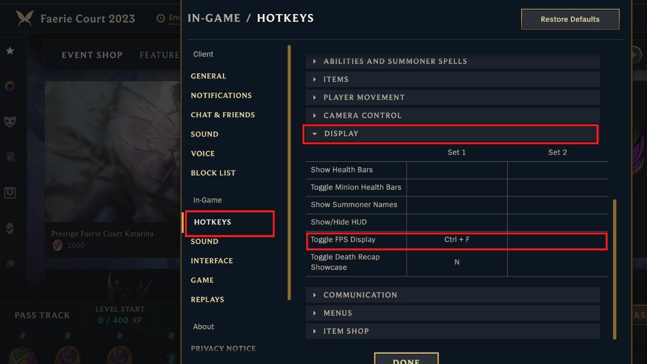 In-game hotkey setting in LoL for display and Toggle FPS Display.