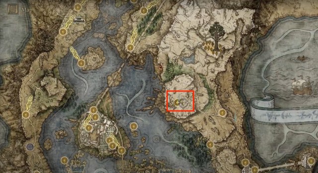 A screenshot of a map in Elden Ring with a red box marking the location of Radagon's wedding.