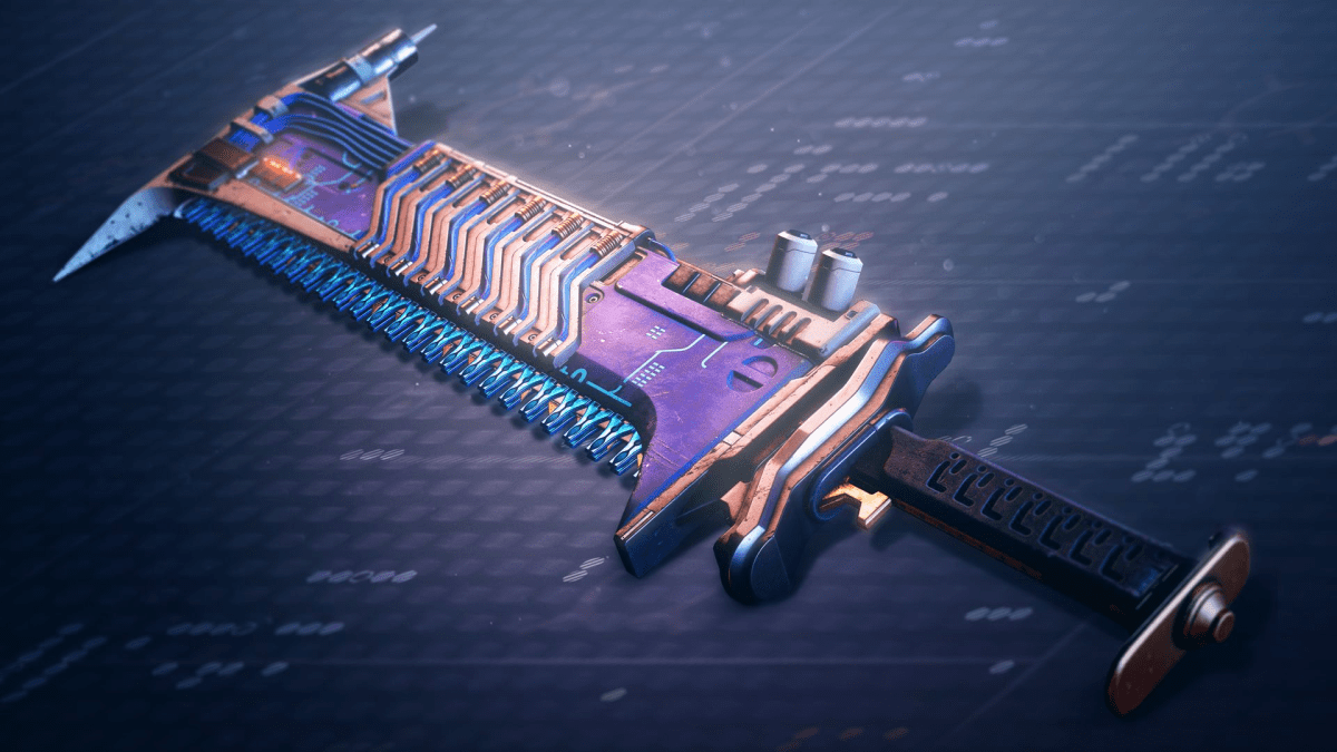 The Lament sword with its technologic motif, which makes it look like a weaponized computer chip.