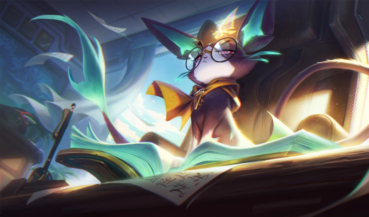 Yuumi splash art in League of Legends, looking very studious.