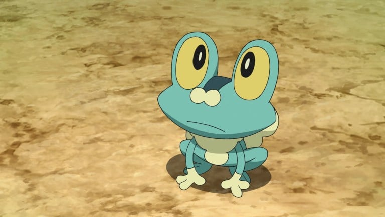 Froakie, a Water-type starter Pokemon that looks like a blue frog.