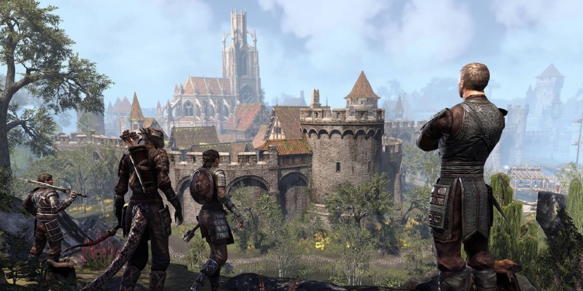 three skyrim npcs looking over a walled city