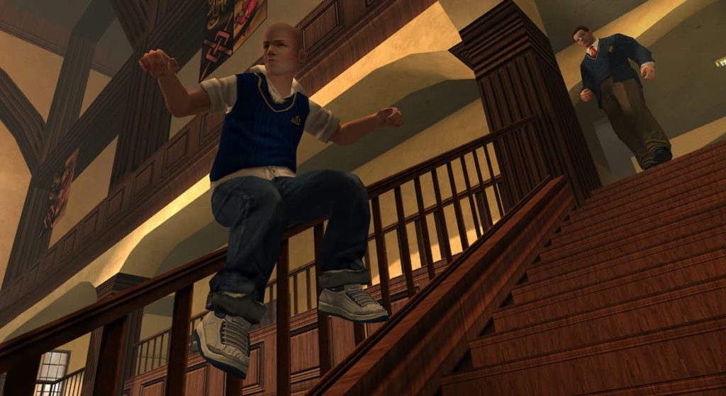 Character in Bully jumping down the stairs.