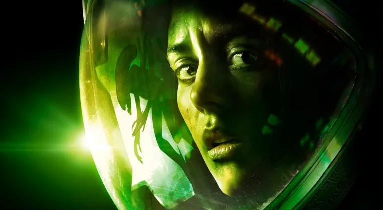 A woman's face is shown in closeup with the shadow of an alien backlit in greenlight behind her