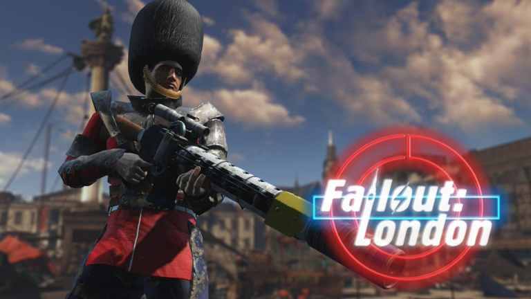 A Fallout: London graphic featuring a character in royal guard outfit wielding a sniper rifle.