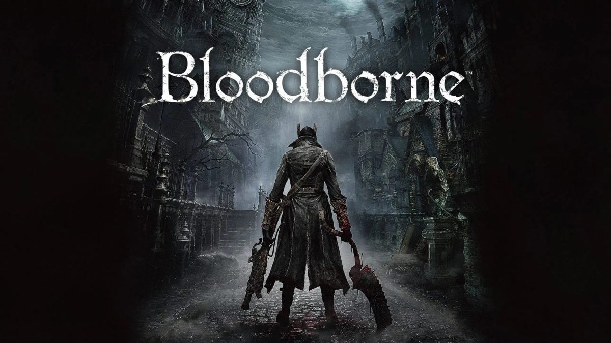 Promotional art for Bloodborne, featuring a character with their back turned to the camera holding two large weapons