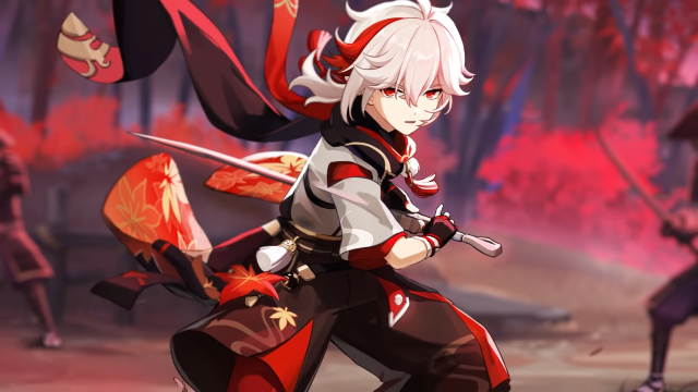 Kazuha unsheathing his sword and preparing for battle in a forest full of red trees.