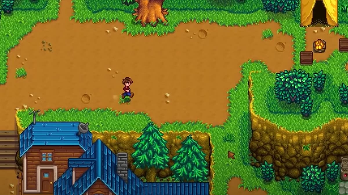 A player running through a clearing with a tent and a house in Stardew Valley.