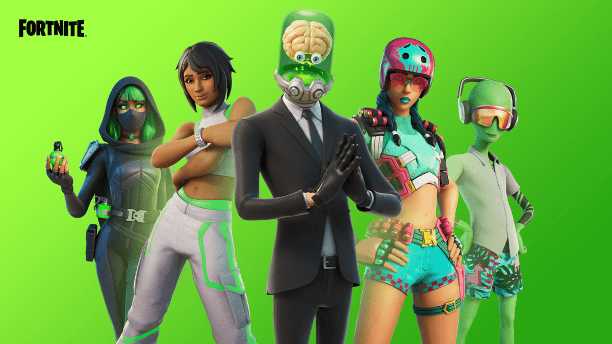 Different characters from fortnite with a green background