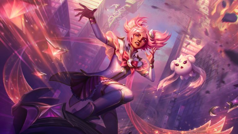 Star Guardian Taliyah stands above a huge city in League of Legends