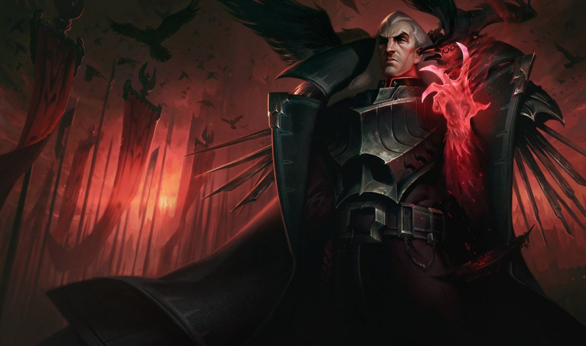 Swain stands with his hand turning into red magic in League of Legends