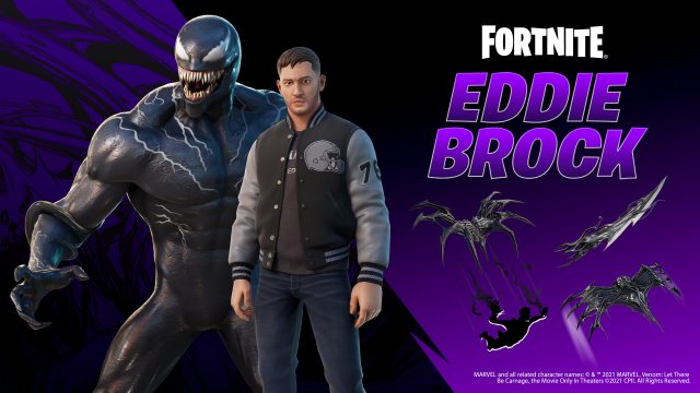 Eddie Brock modeled after Tom Hardy is showcased front and center wearing a letterman jacket. Venom himself stands behind him to the left with gliders and other cosmetics showcased on the right.