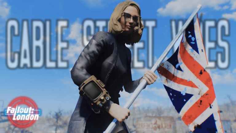 A character holding the Union Jack flag in Fallout: London.