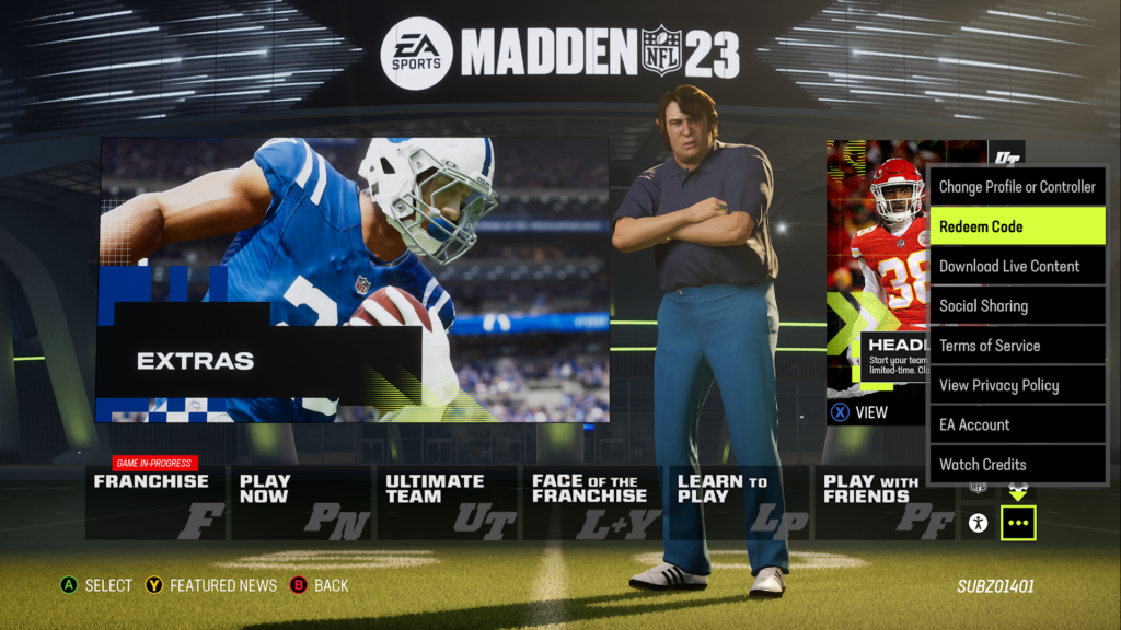 Madden 23 Redeem Code option in Madden 23 menu screen