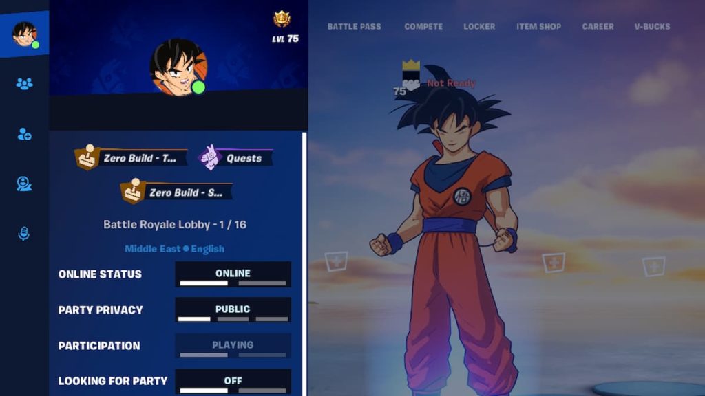 the Fortnite Online Status screen with Goku featured in the background.