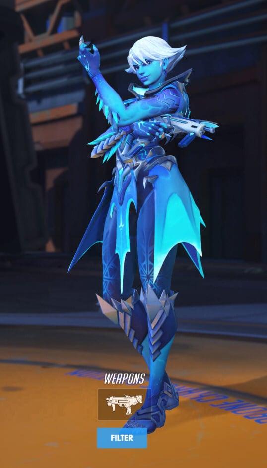 Sombra wears an icy blue skin.