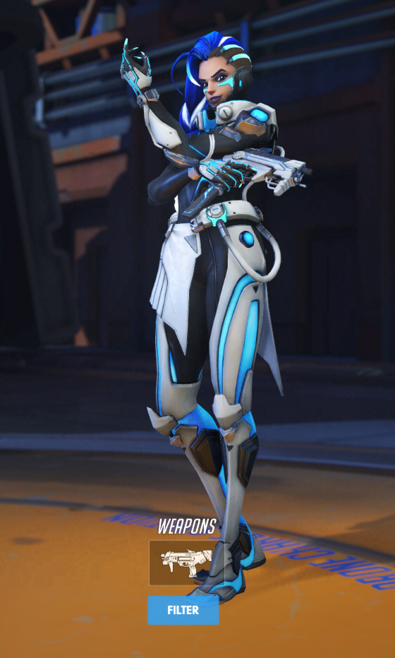 Sombra wears a futuristic white and blue skin.