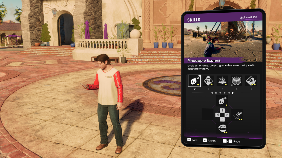 A character looks at their phone showing active skills