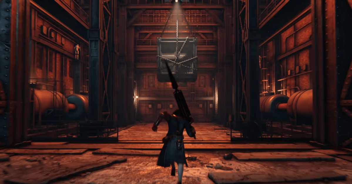 A screenshot from the Lies of P gameplay trailer showing Pinocchio running towards an elevator with a large bulky lance