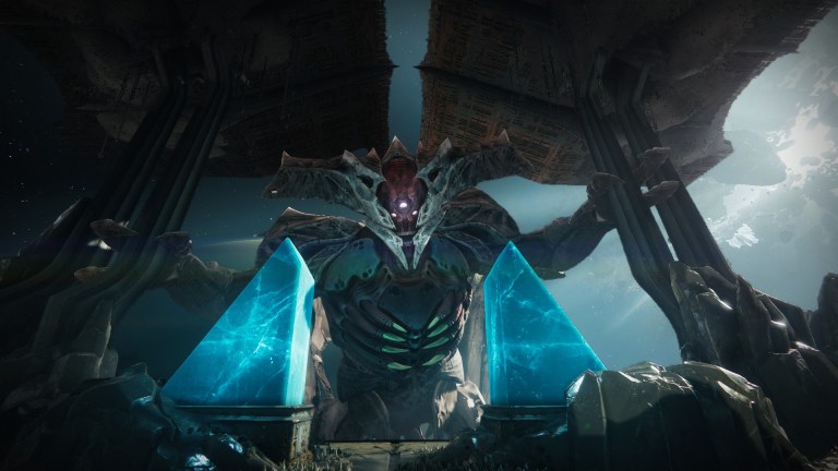 Taken King Oryx, a giant bug-like monster, rises from beneath the Dreadnought in Destiny 2.