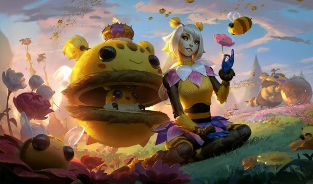 Orianna sitting on the ground surrounded by bees