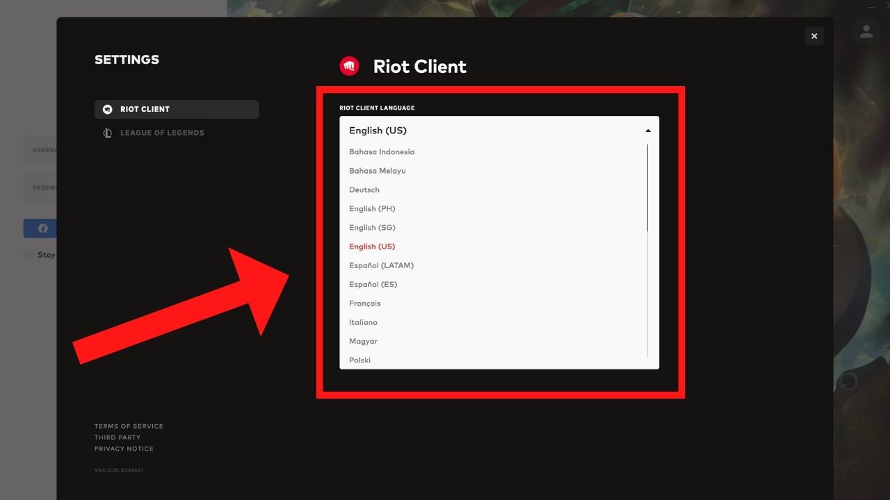 Screenshot of the Riot Client Language settings screen.
