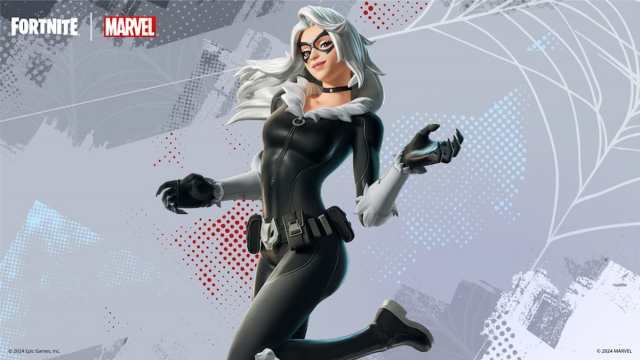 An image of Black Cat from Fortnite, a Spider-Man character with white hair and a black body suit.