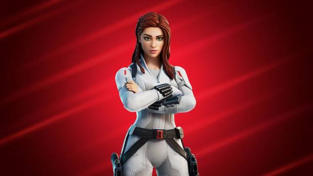 An image of the Black Widow Snow Suit in Fortnite, which is modeled after Black Widow from her original MCU movie.