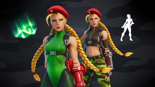 An image of Cammy from Fortnite. This skin is a character from Street Fighter, and has two long blonde braids.