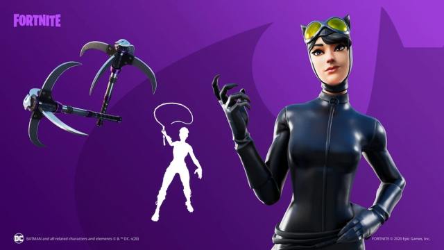 An image of Catwoman from Fortnite. This skin is inspired by the comic book character, and features her wearing a tight leather body suit.