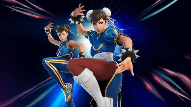 An image of Chun-Li from Fortnite. Chun-Li is a street fighter character that wears a blue dress and has her hair in two buns.