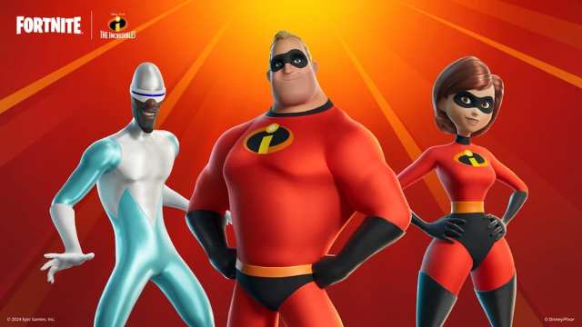 An image of Frozone and Mr. and Mrs. Incredible. These characters are all from the animated Incredibles movies. Mrs. Incredible is wearing a black and red supersuit.