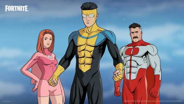 An image of Omni-Man, Invincible, and Atom Eve. Omni-man is wearing white and red super suit with a cape, and has a mustache.