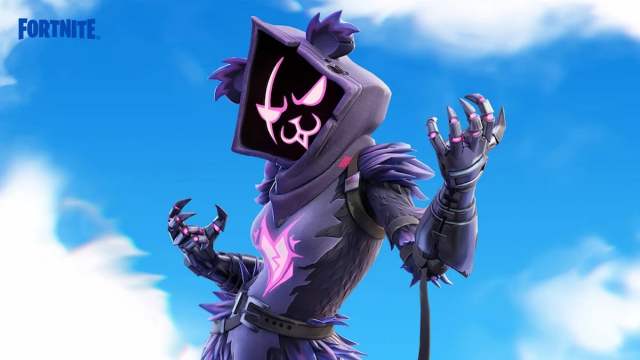 An image of the Raven Team Leader from Fortnite. This skin has a  large hood with a glowing pink face, and is covered in raven feathers.