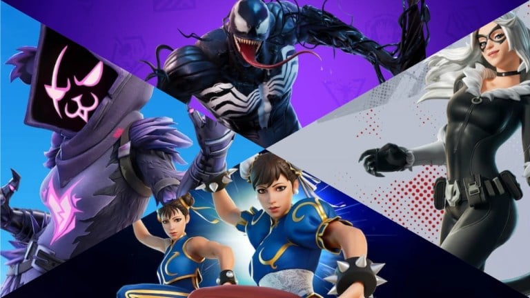 A split image featuring the Fortnite skins for Chun-Li, Raven Team Leader, Black Cat, and Venom.