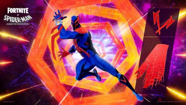 An image of Spider-Man 2099 from Fortnite. This skin is a futuristic version of Spider-Man that has a dark blue suit with red features.