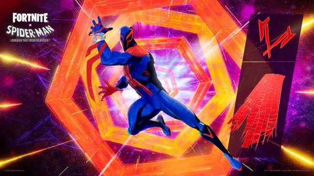 An image of Spider-Man 2099 from Fortnite. This skin is  a futuristic version of Spider-Man that has a dark blue suit with red features.