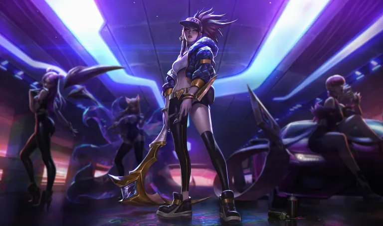 Akali standing against a neon background wearing leather in League