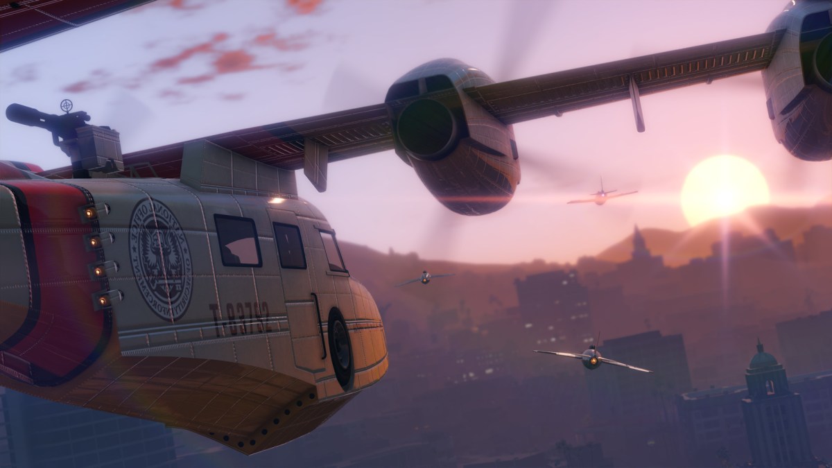 An attack plane flying over Los Santos in GTA Online