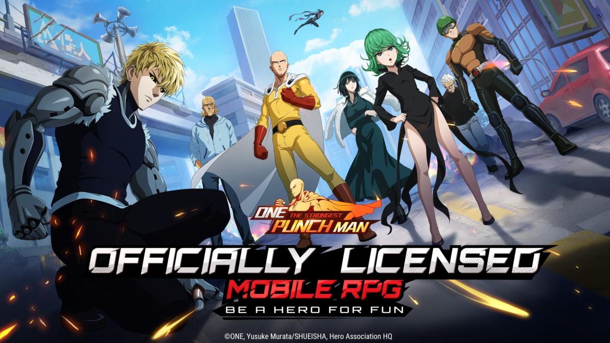 A promotional image for One Punch Man: The Strongest showing main characters like Saitama, genos, Tatsumaki and more