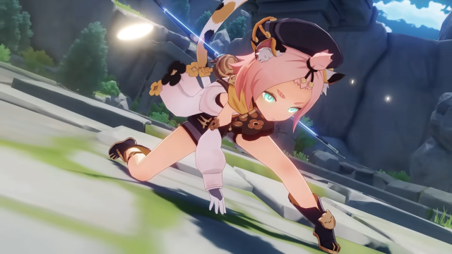 Diona hovering low to the ground holding her bow behind her back.